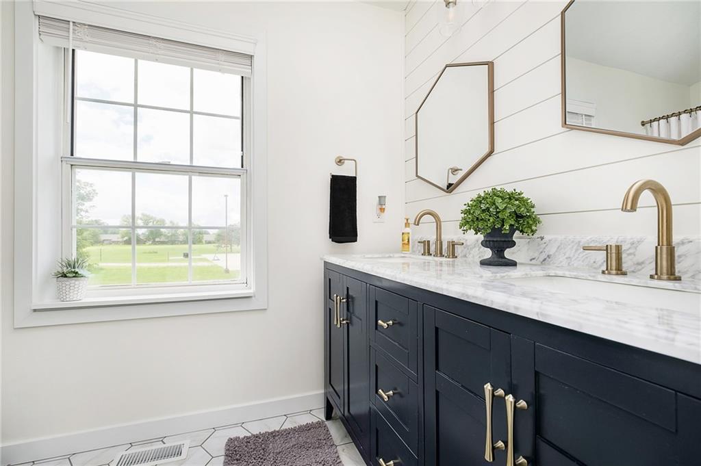 Shiplap bathroom navy vanity