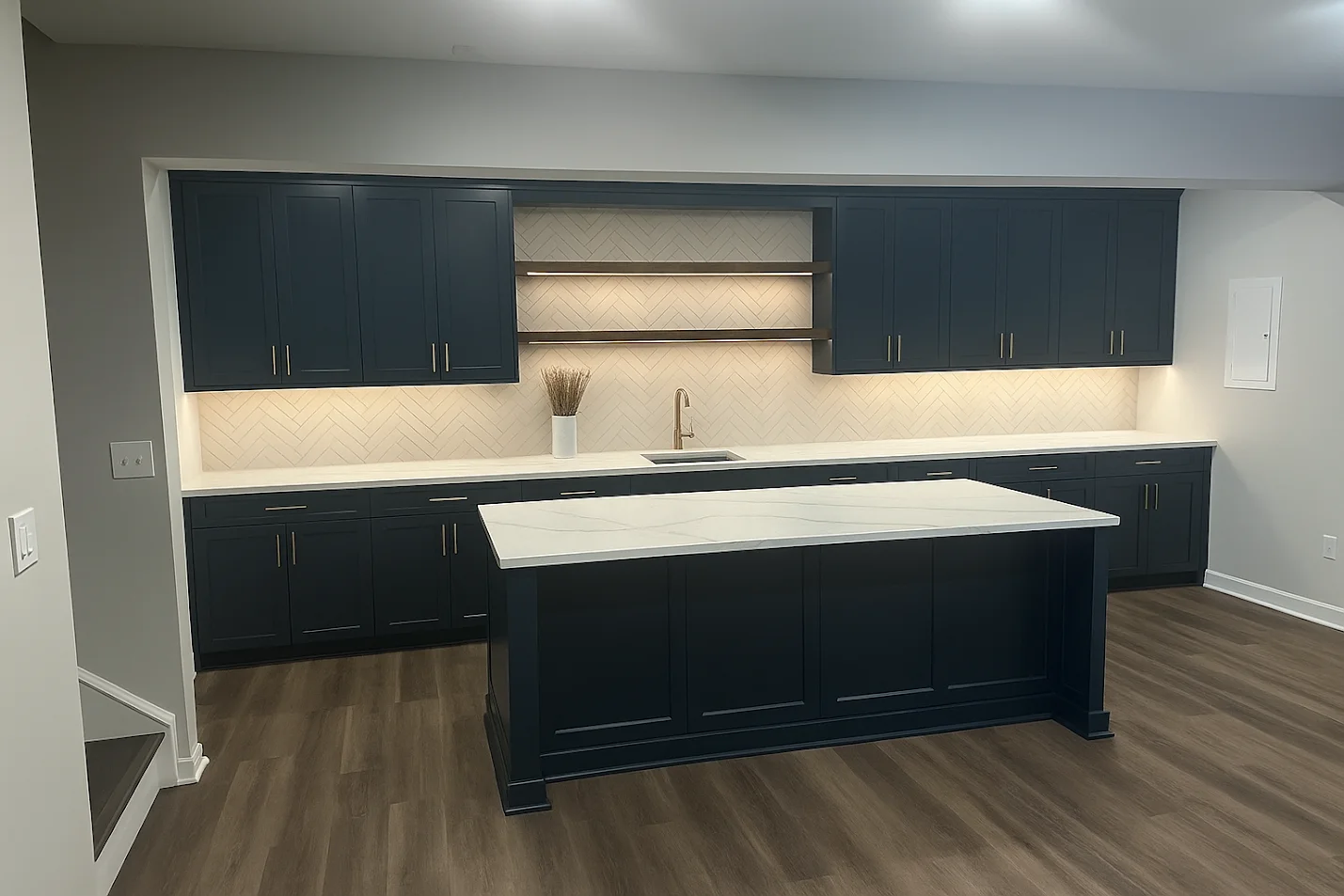 Navy kitchen with herringbone